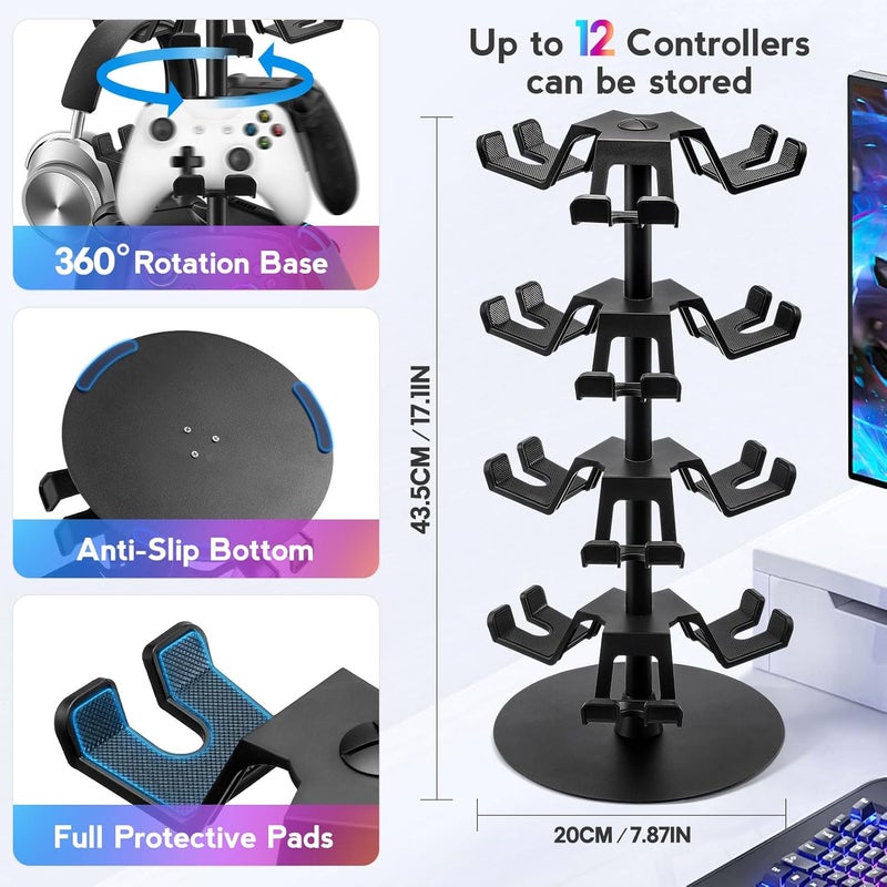 Hatisan Headset Stand 4 Tiers Rotating, Desktop Controller Holder for Xbox PS5 PS4 Switch, Gaming Accessories Headset Holder for 8 Pack Controller - Image 5